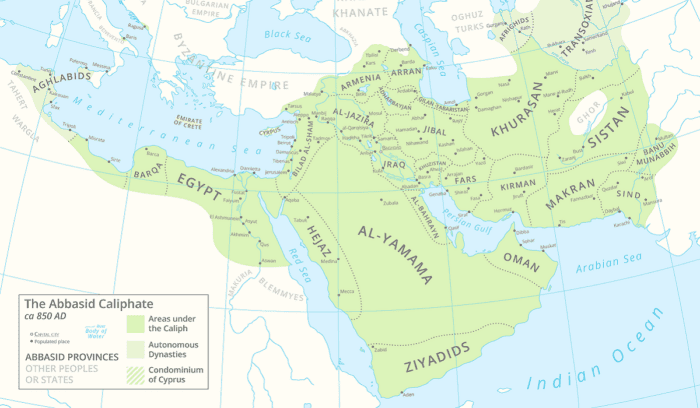Map of the Abbasid Caliphate in c. 850, for article on Abbasid Caliphate